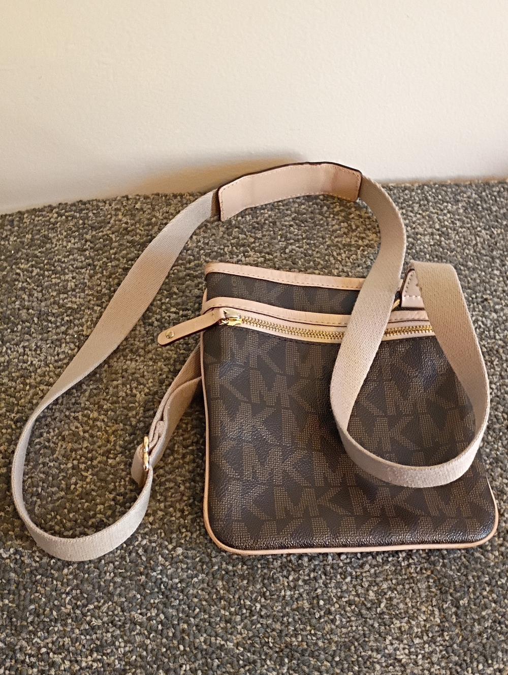 Michael Kors Brown Monogram Crossbody with Beige Strap